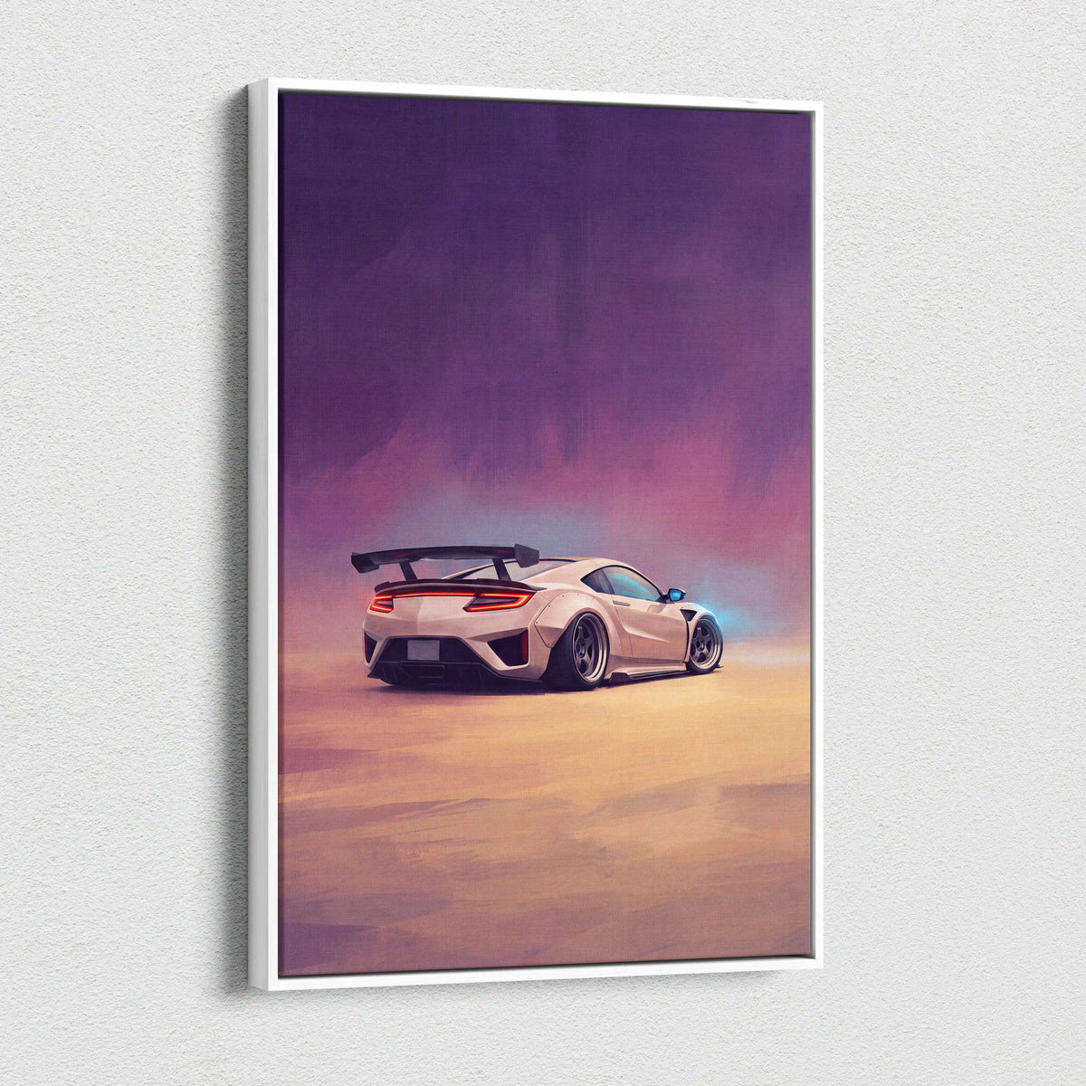 Acura nsx inspired supercar canvas art featuring a sleek white sports car rear with spoiler and glowing taillights in a minimalist frame