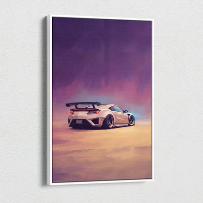 Acura nsx inspired supercar canvas art featuring a sleek white sports car rear with spoiler and glowing taillights in a minimalist frame