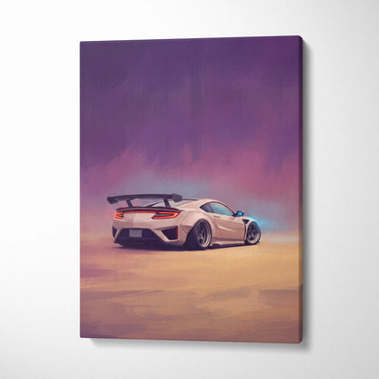 Acura NSX inspired supercar canvas art featuring a sleek white sports car with black spoiler against purple sky