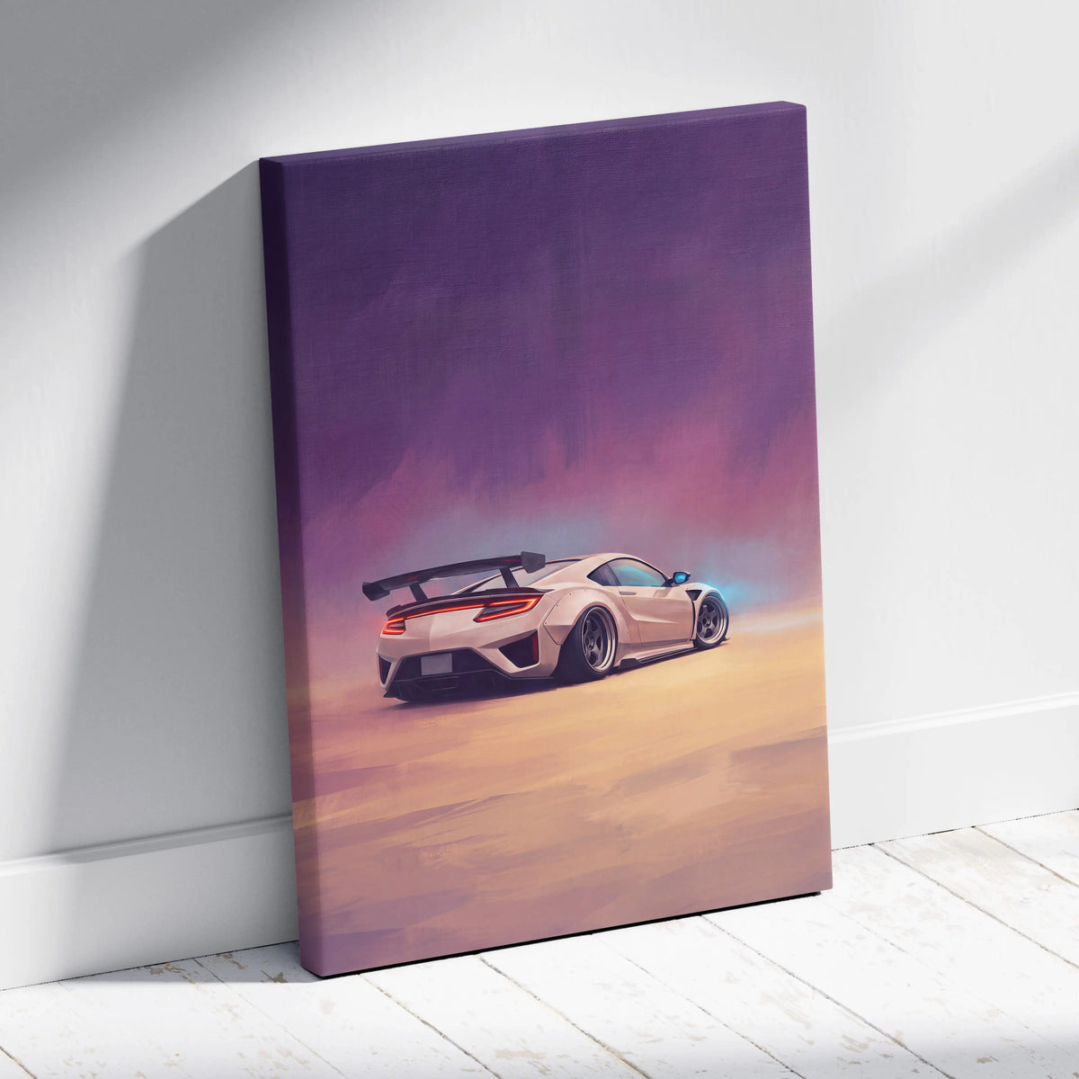 A canvas print of a white Acura NSX sports car with black spoiler and red taillights against a purple orange sky