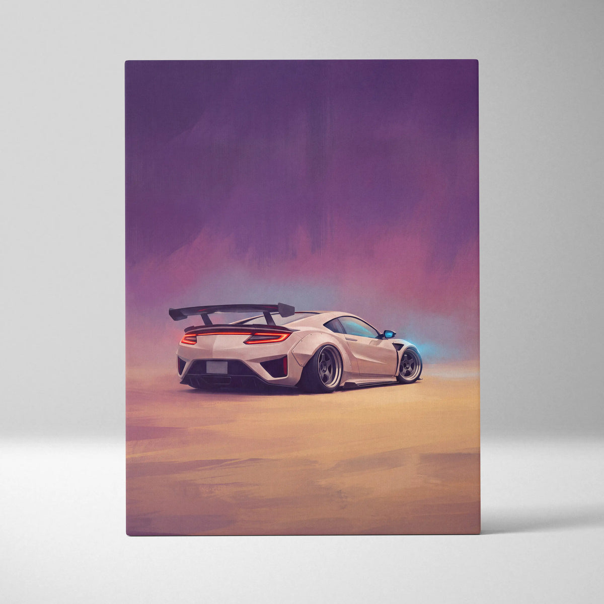 Acura nsx inspired supercar canvas art featuring a sleek white sports car with rear spoiler and glowing taillights