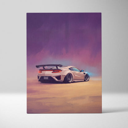 Acura nsx inspired supercar canvas art featuring a sleek white sports car with rear spoiler and glowing taillights