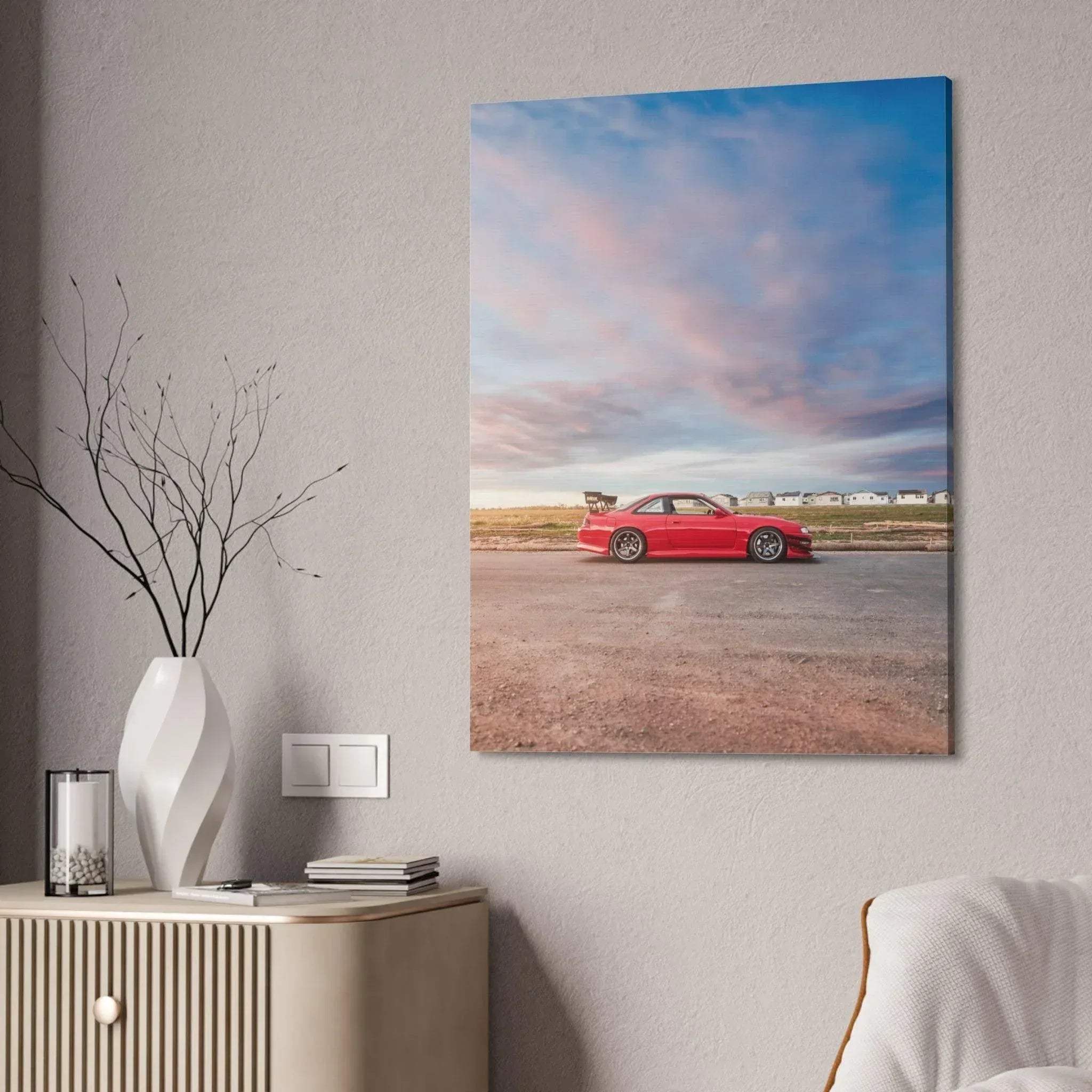 Red Nissan 240sx S14 Kouki sports car on canvas wall art with blue sky background.