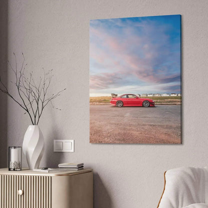 Red Nissan 240sx S14 Kouki sports car on canvas wall art with blue sky background.