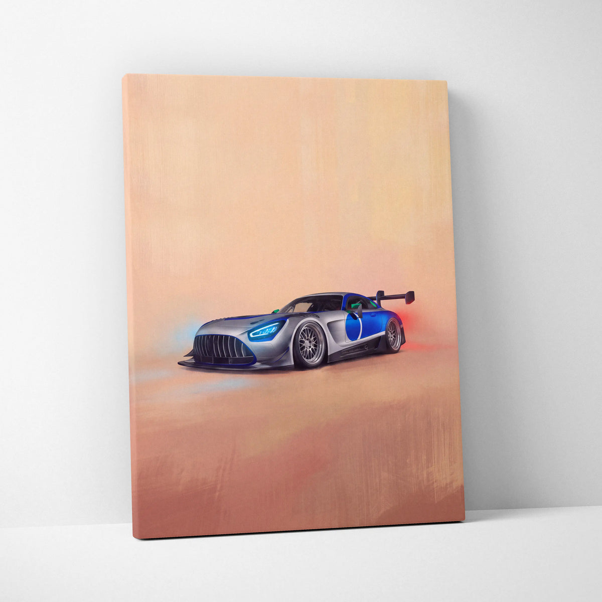 Mercedes-AMG GT inspired car wall art canvas painting print featuring a vibrant blue and silver racing car with glowing headlights