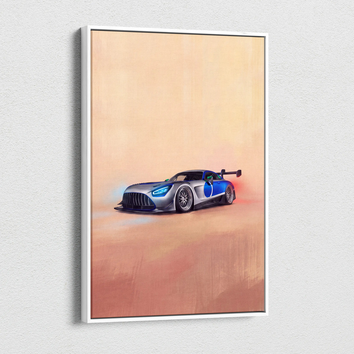 A sleek silver and blue Mercedes-AMG GT inspired racing car wall art in a white frame on canvas print