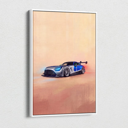 A sleek silver and blue Mercedes-AMG GT inspired racing car wall art in a white frame on canvas print