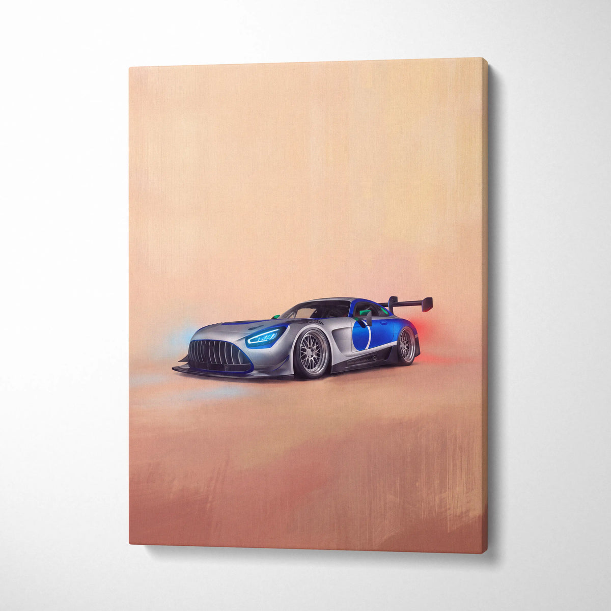 Mercedes-AMG GT inspired car wall art canvas print featuring silver and blue racing car with glowing headlights