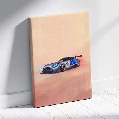 Mercedes-AMG GT inspired car wall art canvas print featuring a silver and blue racing car in motion desert scene