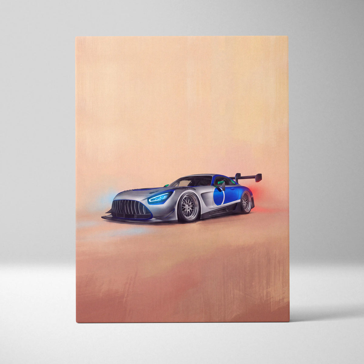 Mercedes-AMG GT inspired race car wall art canvas painting print with sleek silver and blue design and rear wing track edition