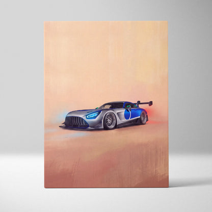 Mercedes-AMG GT inspired race car wall art canvas painting print with sleek silver and blue design and rear wing track edition