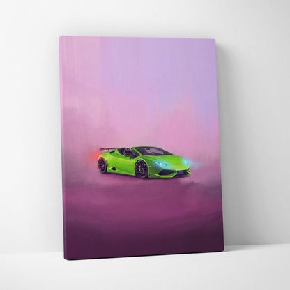 Vibrant lime green Lamborghini Huracán Spyder convertible on canvas with neon pink and purple gradient background wall art