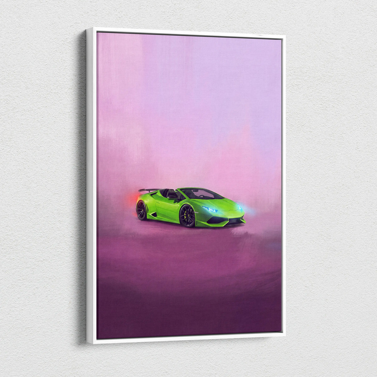 A vibrant lime green Lamborghini Huracán Spyder neon-lit canvas print in a sleek white frame for automotive wall art