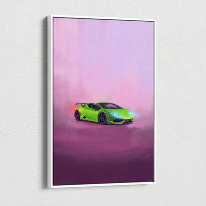 A vibrant lime green Lamborghini Huracán Spyder neon-lit canvas print in a sleek white frame for automotive wall art