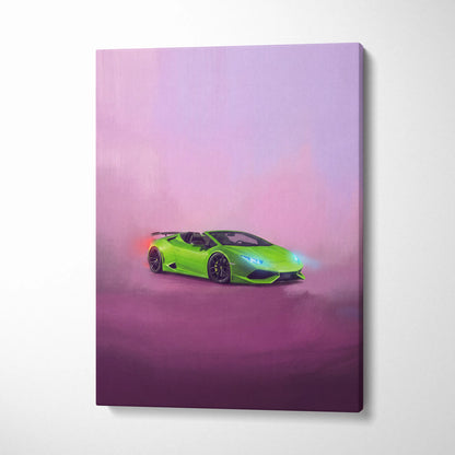 Lamborghini Huracán Spyder inspired lime green convertible canvas print with glowing headlights on purple gradient background