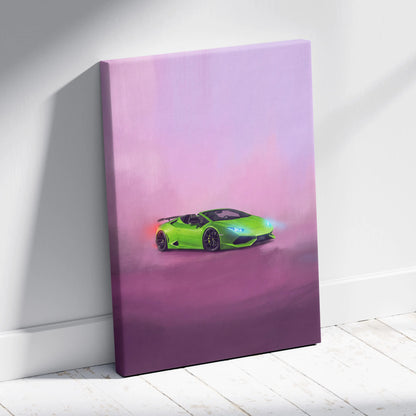 Luxury lime green lamborghini huracán spyder canvas print featuring vibrant supercar against pink purple sky background