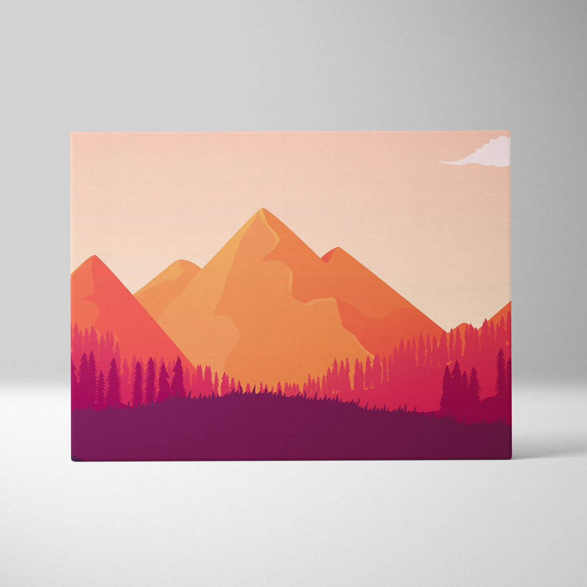 Minimalist autumn mountain canvas art with orange magenta peaks and pine silhouettes