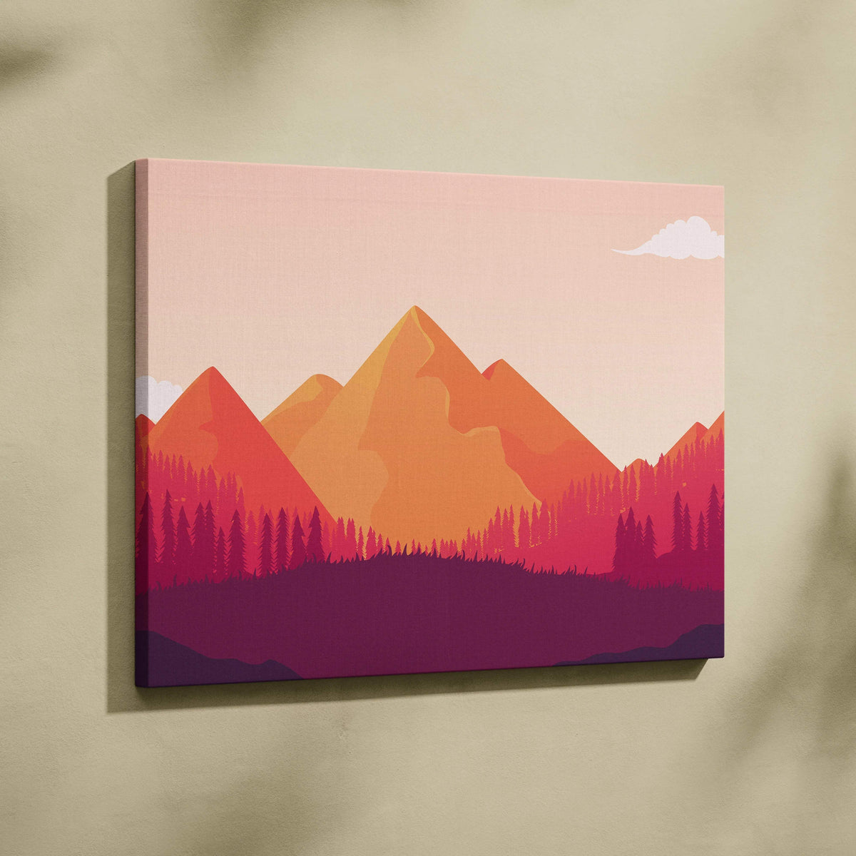 Minimalist autumn mountain canvas art with layered pine forest in orange magenta tones