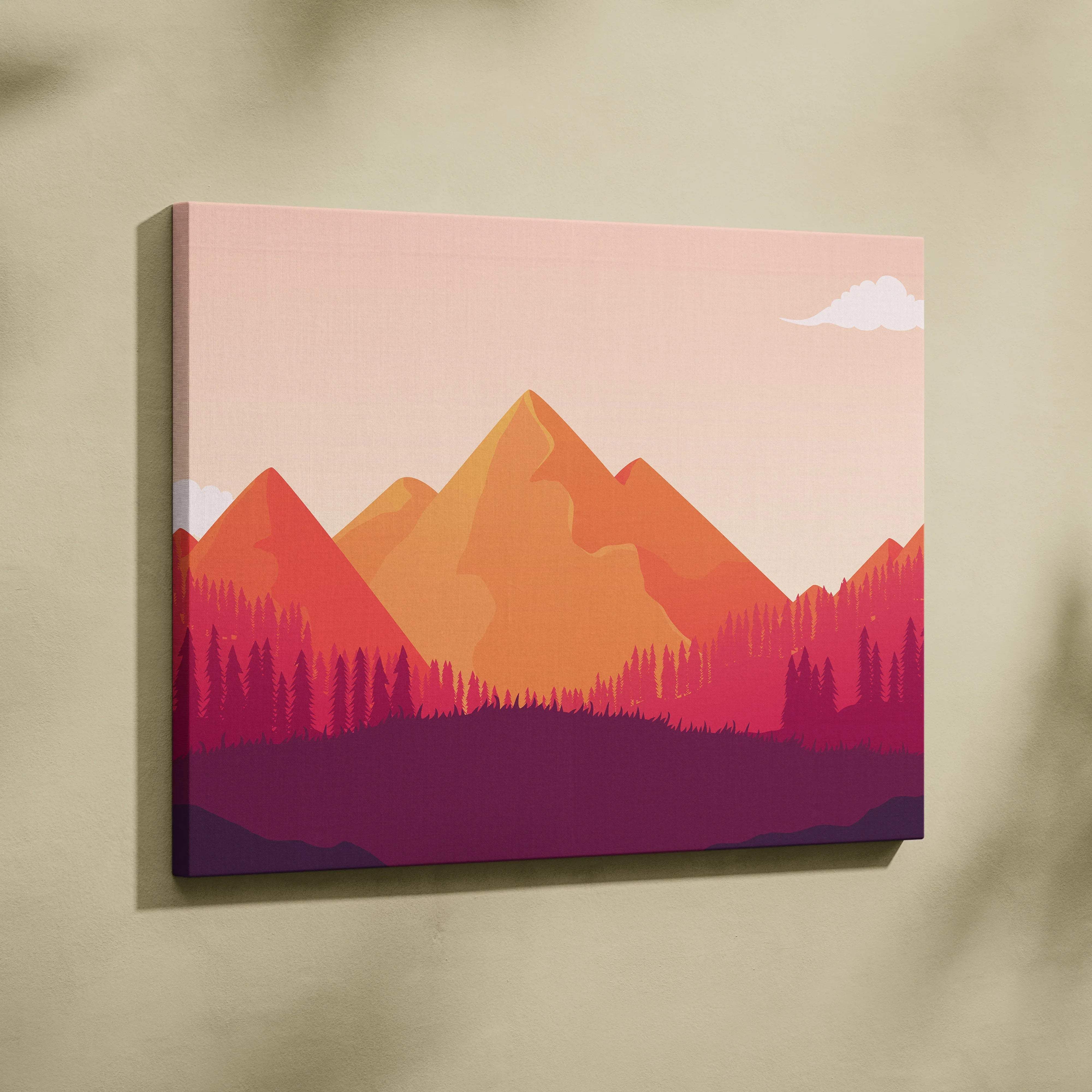 Minimalist autumn mountain canvas art with layered pine forest in orange magenta tones