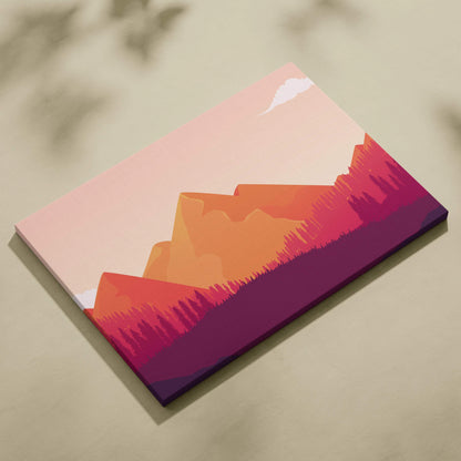 Minimalist autumn mountain canvas art with layered pine forest in orange magenta tones