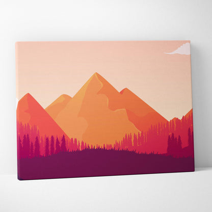 Minimalist autumn mountain landscape canvas art in orange magenta tones with pine forest
