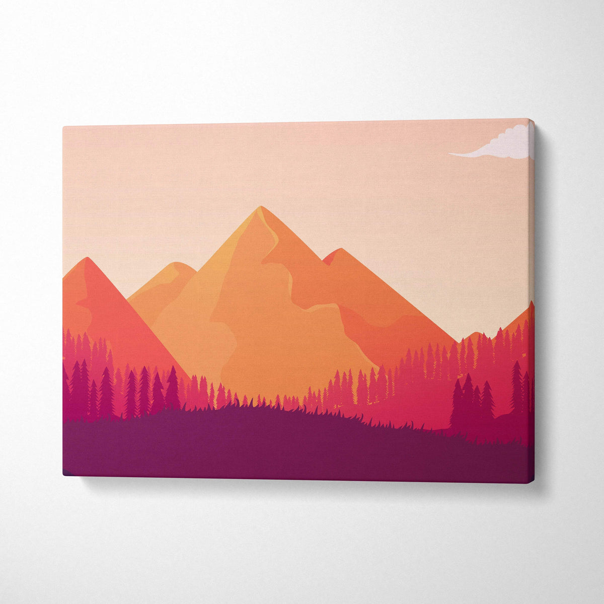 Minimalist autumn mountain landscape canvas art with layered pine forest in orange coral magenta tones