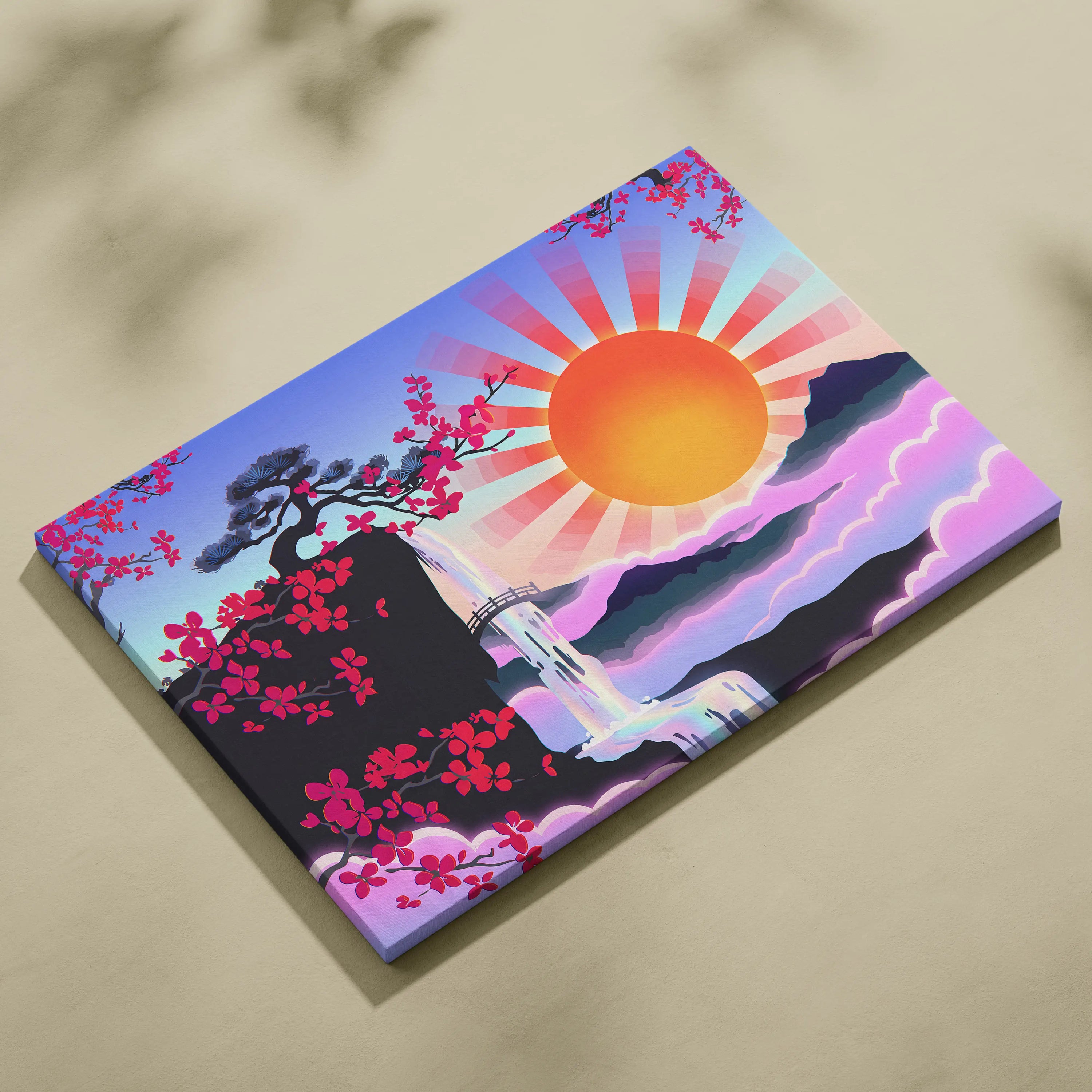 Vaporwave Sakura Sunrise Canvas - Japan Vaporwave Pastel Neon Living Room Retro Art Dreamy Nostalgic Mood Canvas Print