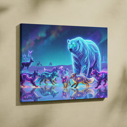 Neon Wolf Nebula Canvas - Wolf Neon Blue Purple Sunset Living Room Vaporwave Dreamy Mood Retro Futurism Wall Art Canvas