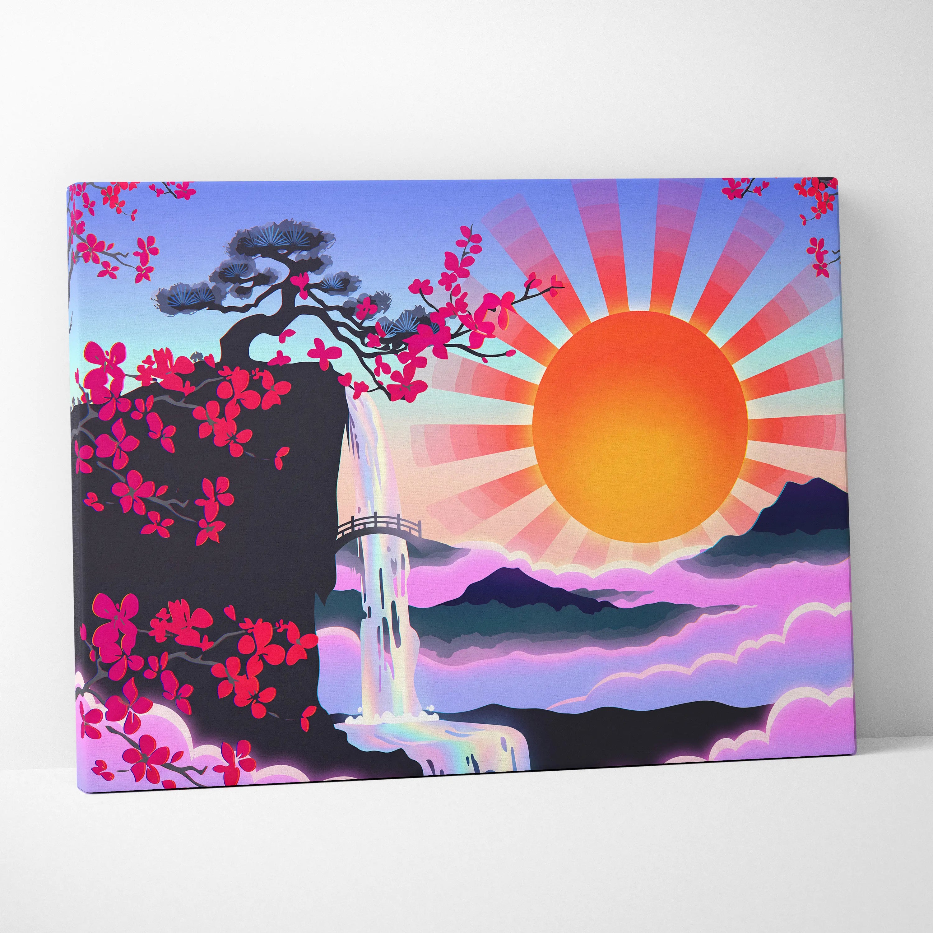 Vaporwave Sakura Sunrise Canvas - Japan Vaporwave Pastel Neon Living Room Retro Art Dreamy Nostalgic Mood Canvas Print