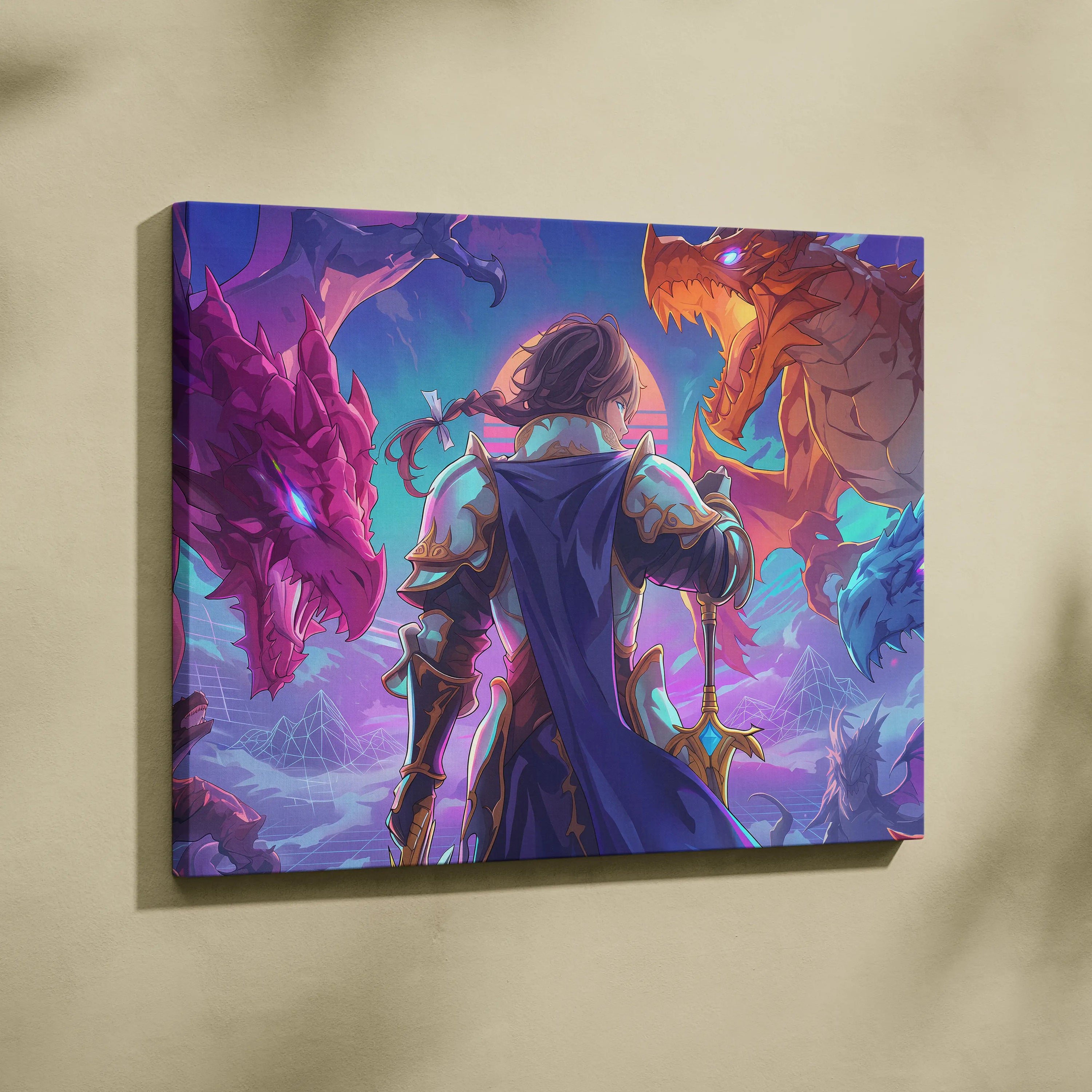 Vaporwave Fantasy Dragons Canvas - Dragons Neon Pink Purple Blue Vaporwave Dreamy Mood Nostalgia Decor Vaporwave Canvas