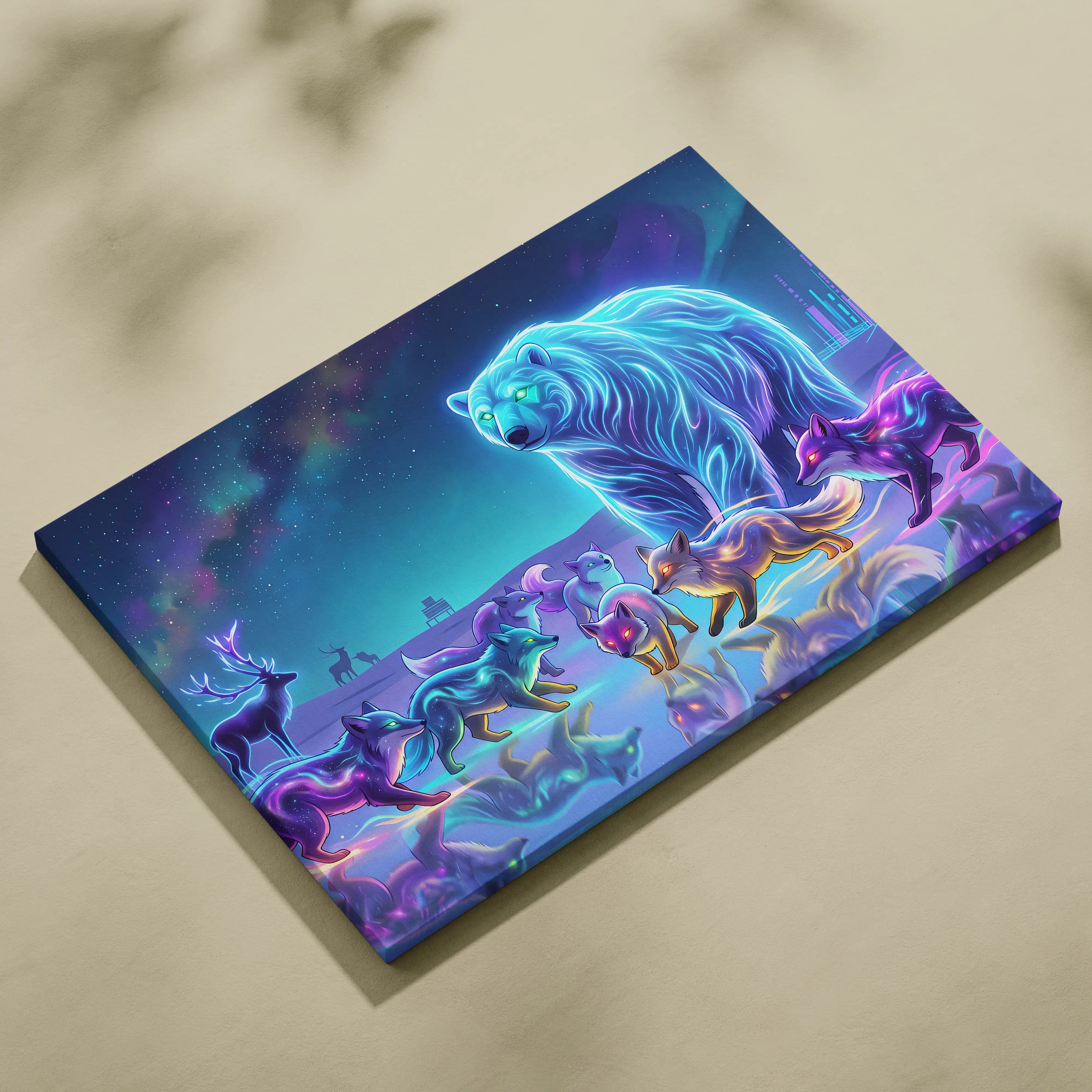 Neon Wolf Nebula Canvas - Wolf Neon Blue Purple Sunset Living Room Vaporwave Dreamy Mood Retro Futurism Wall Art Canvas