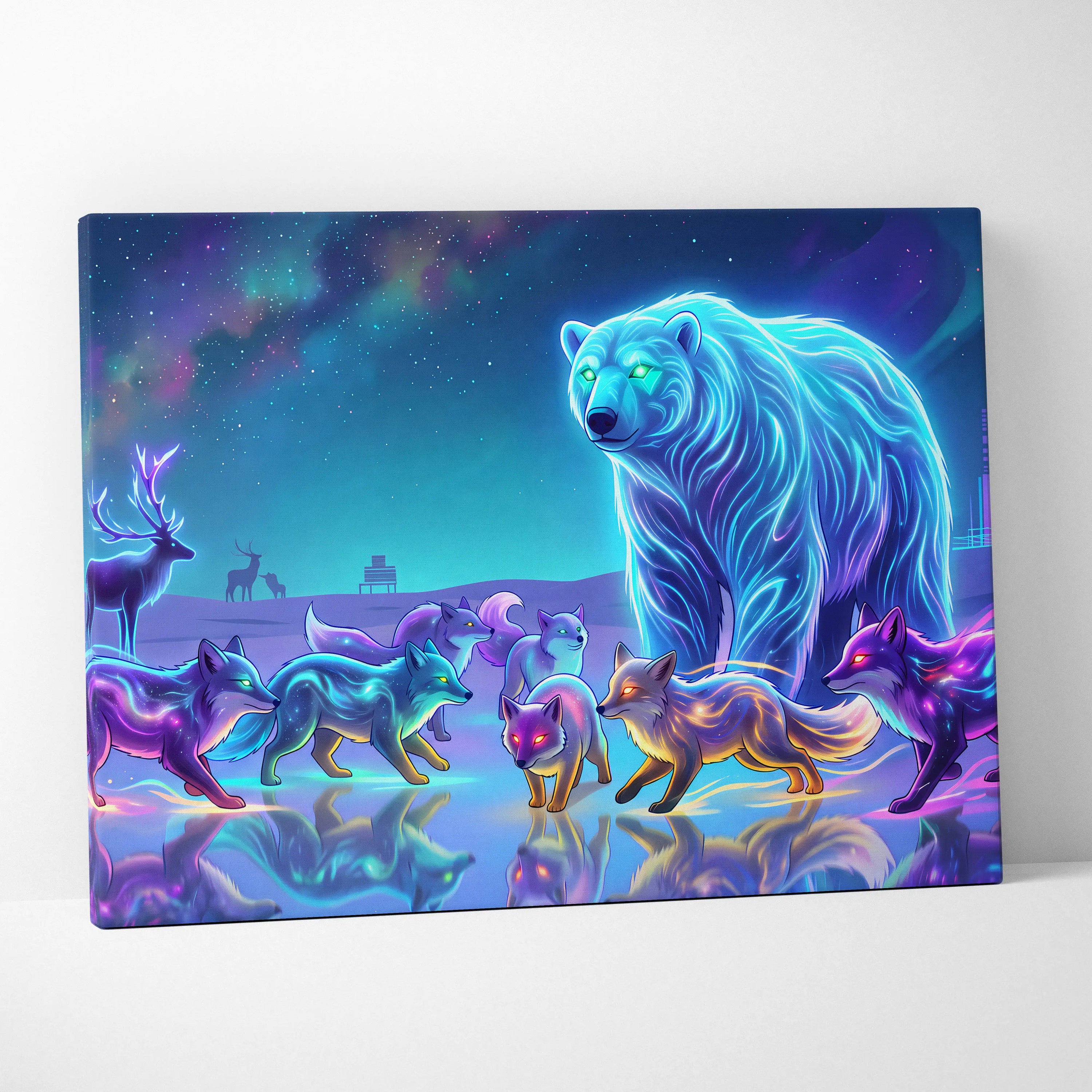 Neon Wolf Nebula Canvas - Wolf Neon Blue Purple Sunset Living Room Vaporwave Dreamy Mood Retro Futurism Wall Art Canvas