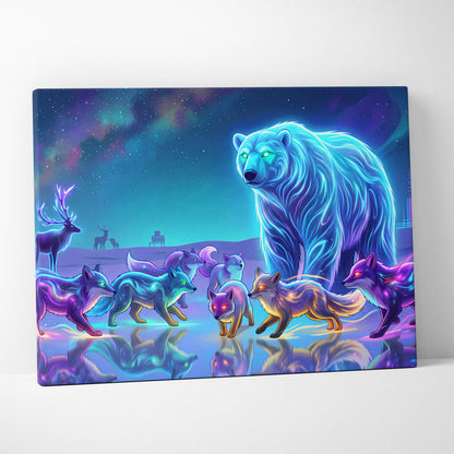 Neon Wolf Nebula Canvas - Wolf Neon Blue Purple Sunset Living Room Vaporwave Dreamy Mood Retro Futurism Wall Art Canvas