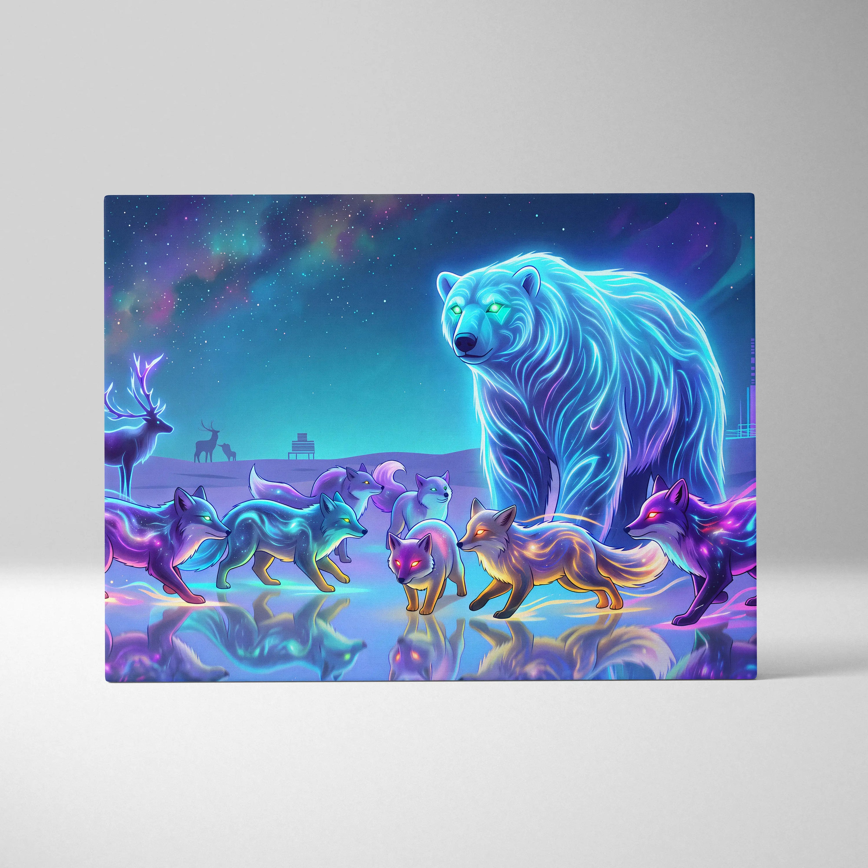 Neon Wolf Nebula Canvas - Wolf Neon Blue Purple Sunset Living Room Vaporwave Dreamy Mood Retro Futurism Wall Art Canvas