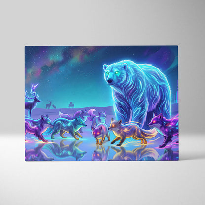 Neon Wolf Nebula Canvas - Wolf Neon Blue Purple Sunset Living Room Vaporwave Dreamy Mood Retro Futurism Wall Art Canvas
