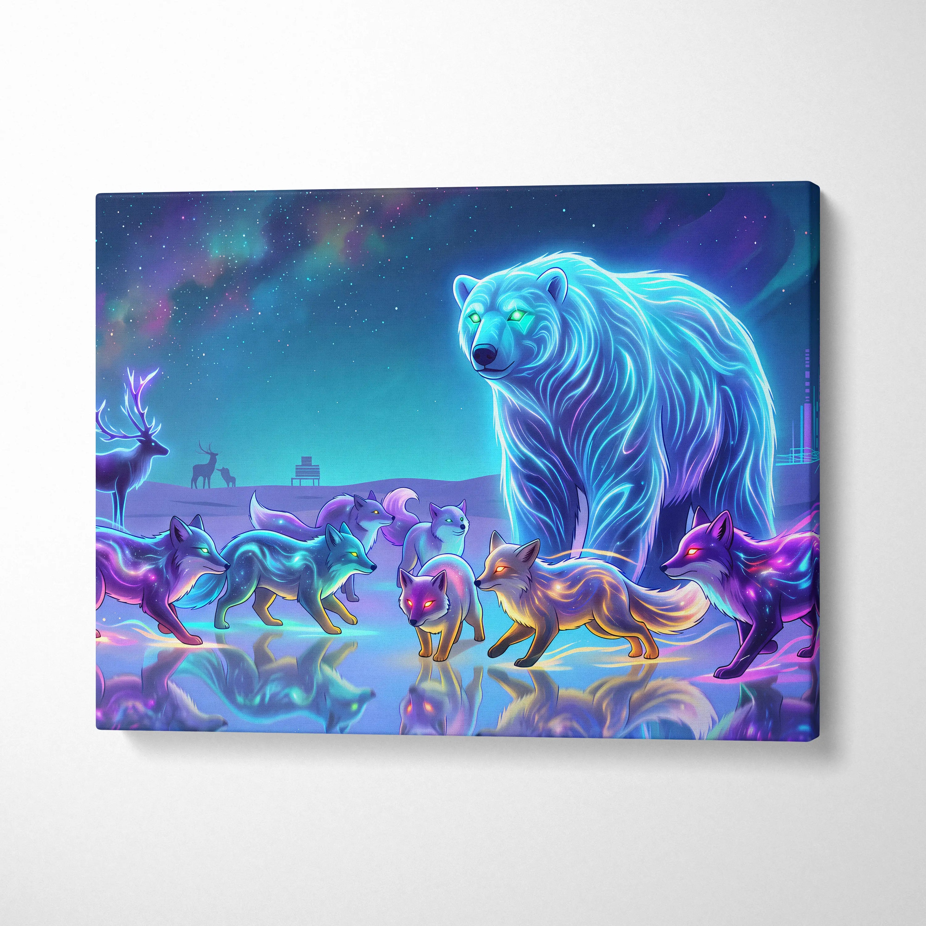 Neon Wolf Nebula Canvas - Wolf Neon Blue Purple Sunset Living Room Vaporwave Dreamy Mood Retro Futurism Wall Art Canvas