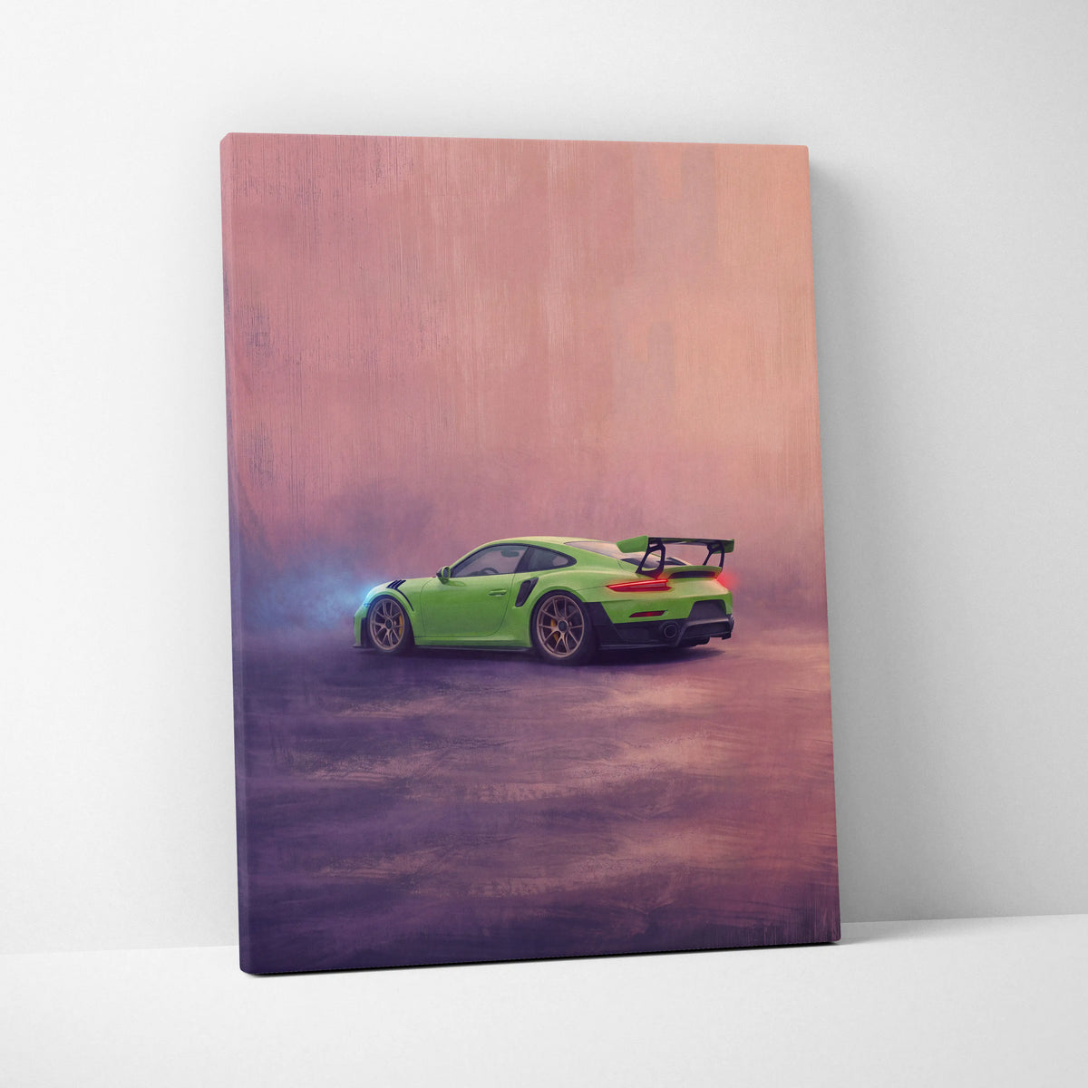 Porsche 911 GT3 RS inspired supercar canvas art featuring a vibrant lime green sports car on a pink purple background