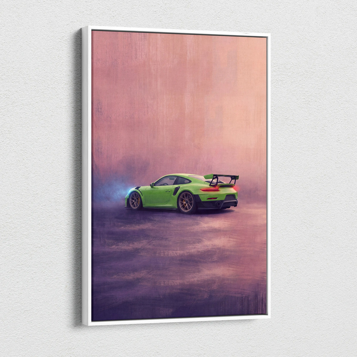 Vibrant lime green porsche 911 gt3 rs sports car canvas art print with dynamic drift pose on pink purple backdrop