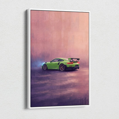 Vibrant lime green porsche 911 gt3 rs sports car canvas art print with dynamic drift pose on pink purple backdrop
