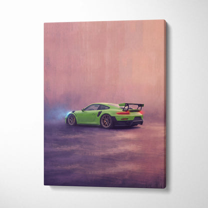 Vibrant lime green Porsche 911 GT3 RS sports car canvas print with sleek aerodynamic design and black racing stripes