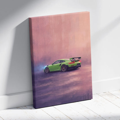 Vibrant lime green porsche 911 gt3 rs sports car on stretched canvas with gradient pink and purple sky backdrop wall art