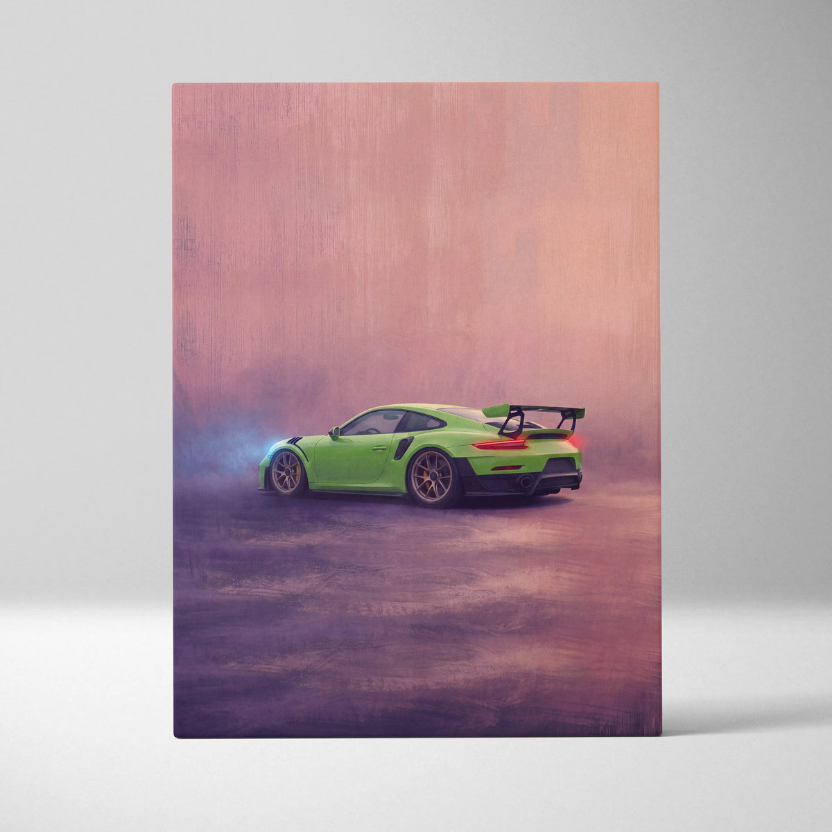 Porsche 911 GT3 RS inspired supercar canvas art featuring a vibrant lime green sports car with black racing stripes and rear wing