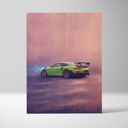 Porsche 911 GT3 RS inspired supercar canvas art featuring a vibrant lime green sports car with black racing stripes and rear wing