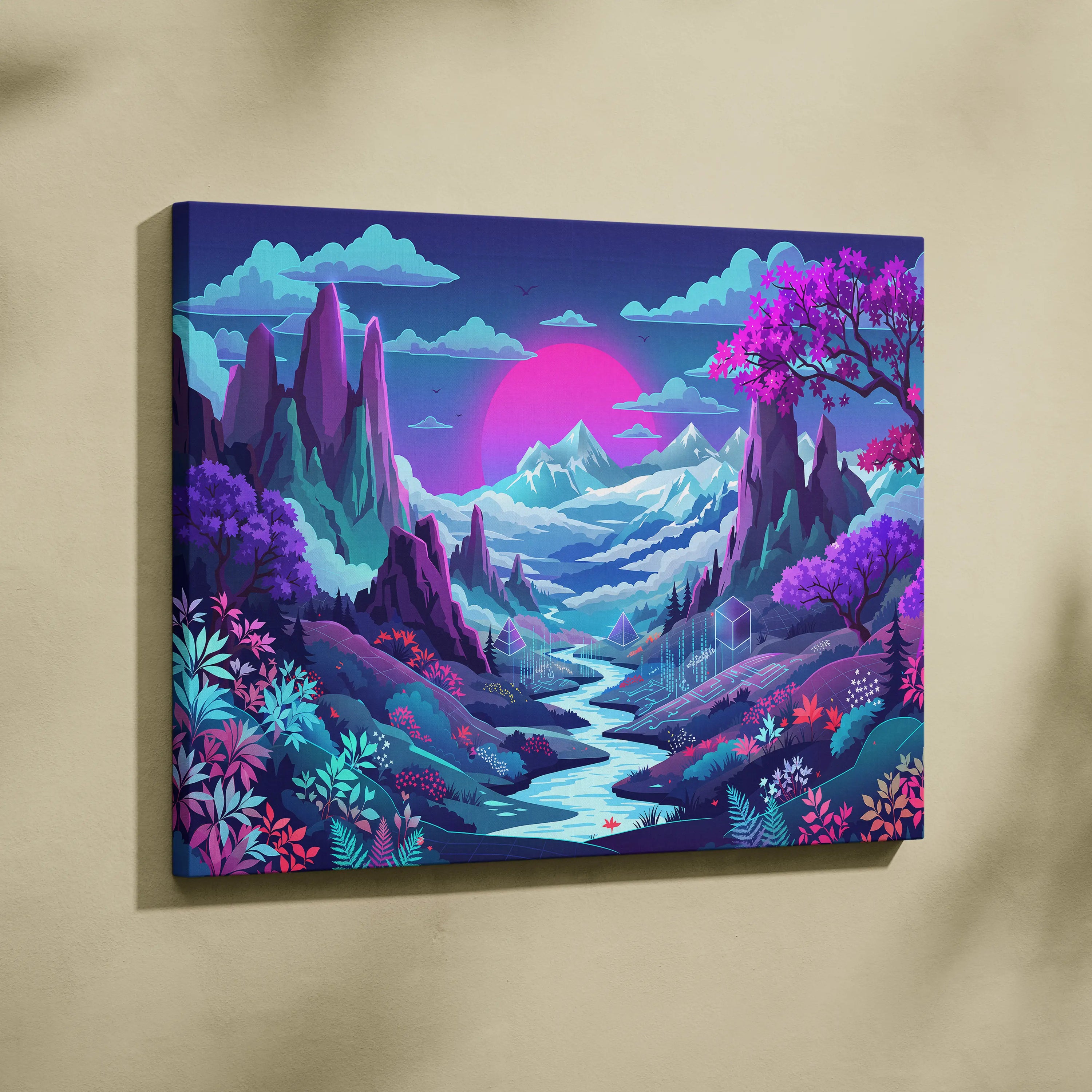 Vaporwave Neon Sunset Canvas - Neon Sunset Landscape Pink Purple Blue Living Room Vaporwave Dreamy Mood RetroDecor Canvas