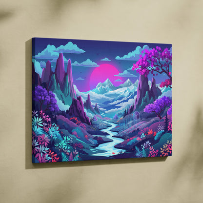 Vaporwave Neon Sunset Canvas - Neon Sunset Landscape Pink Purple Blue Living Room Vaporwave Dreamy Mood RetroDecor Canvas