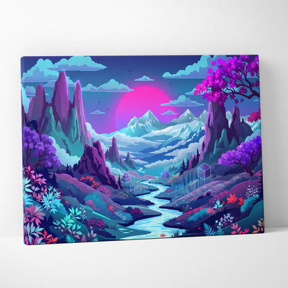 Vaporwave Neon Sunset Canvas - Neon Sunset Landscape Pink Purple Blue Living Room Vaporwave Dreamy Mood RetroDecor Canvas