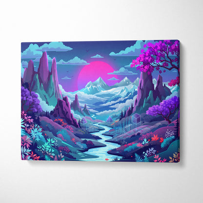 Vaporwave Neon Sunset Canvas - Neon Sunset Landscape Pink Purple Blue Living Room Vaporwave Dreamy Mood RetroDecor Canvas