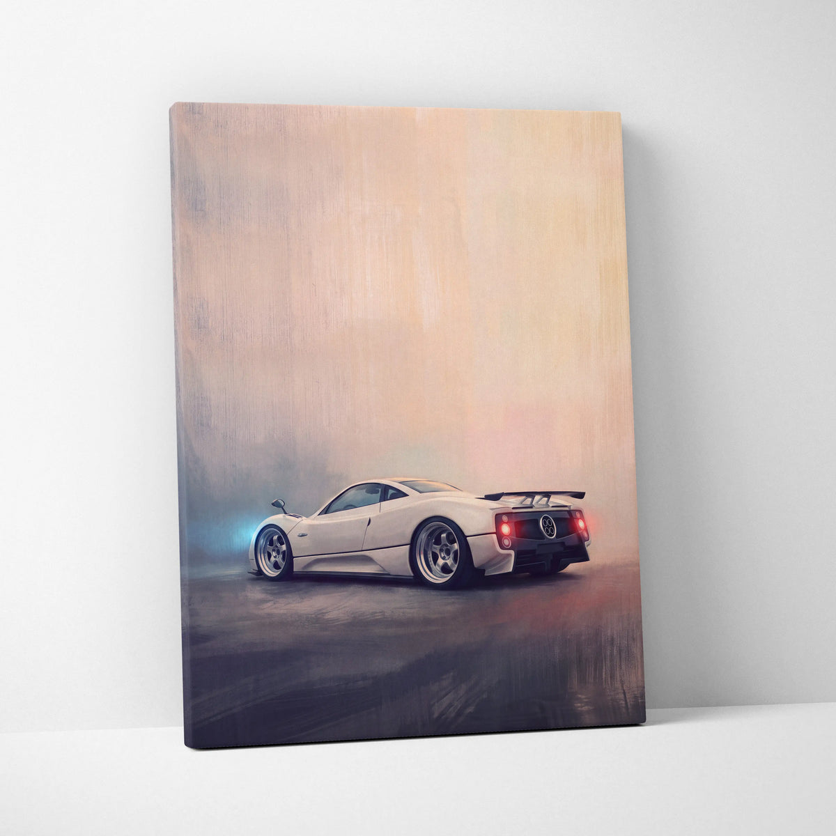 Cream-colored canvas print featuring a pagani zonda inspired sports car with glowing red taillights and blue underglow
