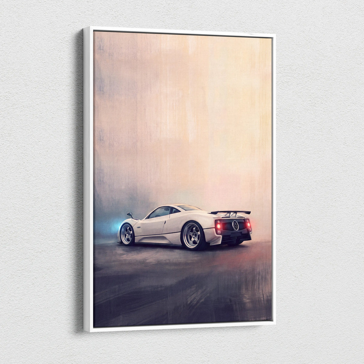 A framed canvas print of a white Pagani Zonda sports car with red taillights and spoiler in motion on warm backdrop