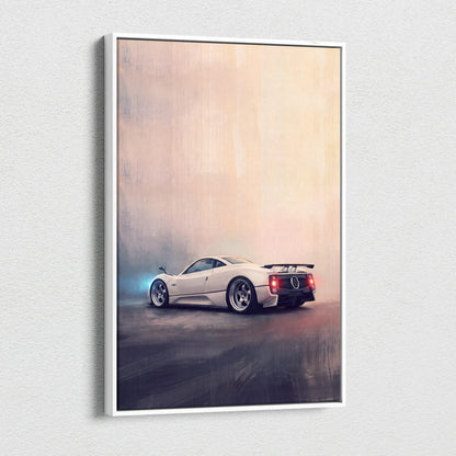 A framed canvas print of a white Pagani Zonda sports car with red taillights and spoiler in motion on warm backdrop